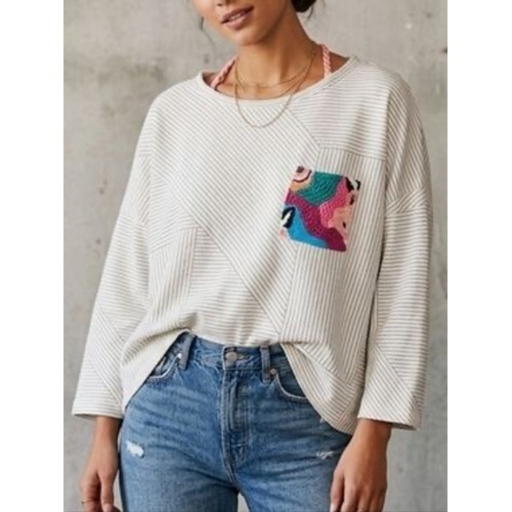 Anthropologie Postmark Embroidered Pocket Striped Sweatshirt Size Large - Picture 1 of 11